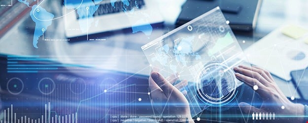 Man with futuristic digital tablet on a project